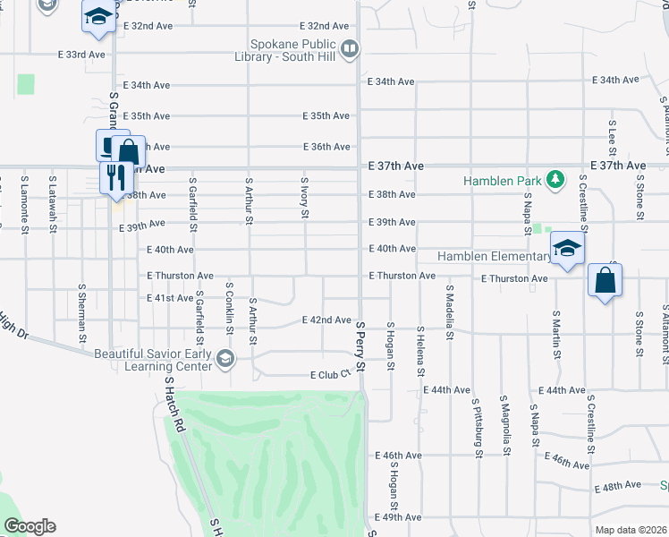 map of restaurants, bars, coffee shops, grocery stores, and more near 1219 East Thurston Avenue in Spokane