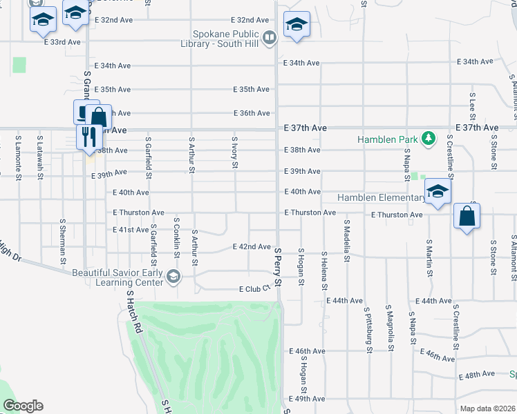 map of restaurants, bars, coffee shops, grocery stores, and more near 1219 East Thurston Avenue in Spokane
