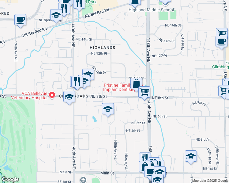 map of restaurants, bars, coffee shops, grocery stores, and more near 14428 Northeast 8th Street in Bellevue