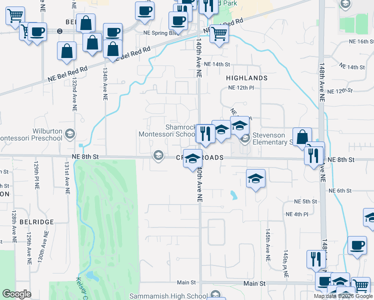 map of restaurants, bars, coffee shops, grocery stores, and more near in Bellevue