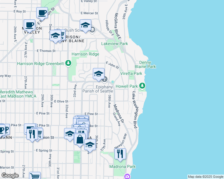 map of restaurants, bars, coffee shops, grocery stores, and more near 3803 East Howell Street in Seattle