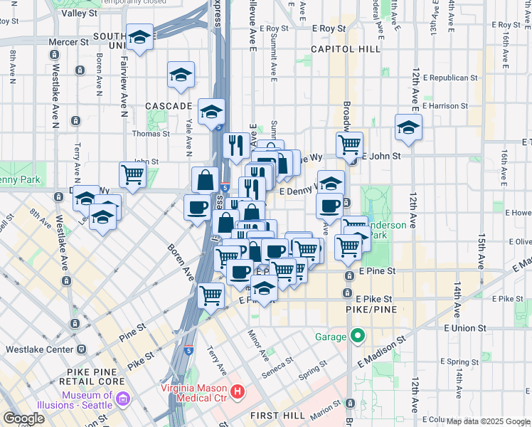 map of restaurants, bars, coffee shops, grocery stores, and more near in Seattle