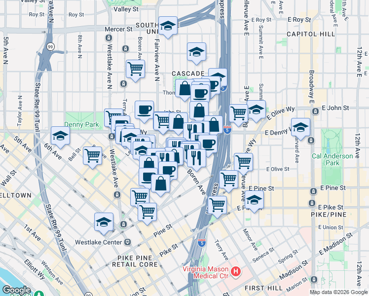 map of restaurants, bars, coffee shops, grocery stores, and more near 1812 Boren Avenue in Seattle