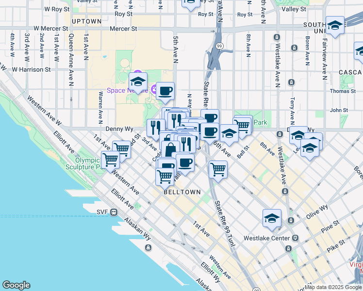 map of restaurants, bars, coffee shops, grocery stores, and more near 2615 4th Avenue in Seattle