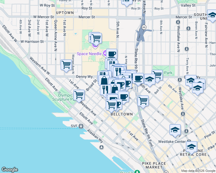 map of restaurants, bars, coffee shops, grocery stores, and more near in Seattle
