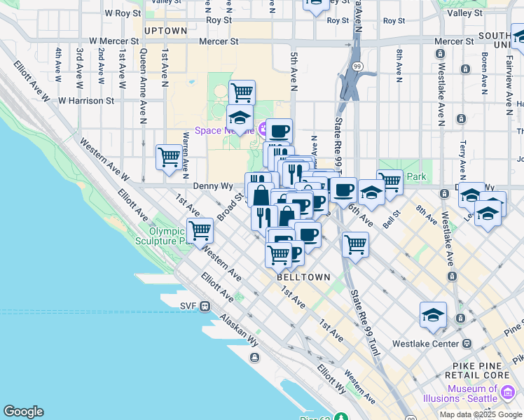 map of restaurants, bars, coffee shops, grocery stores, and more near in Seattle