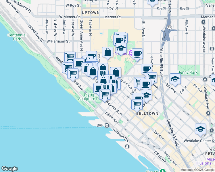 map of restaurants, bars, coffee shops, grocery stores, and more near 2915 1st Avenue in Seattle