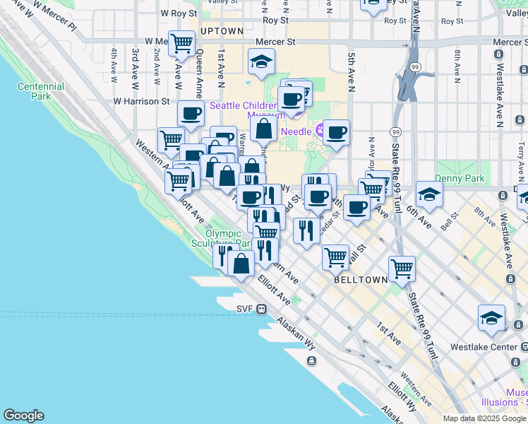 map of restaurants, bars, coffee shops, grocery stores, and more near 2928 1st Avenue in Seattle