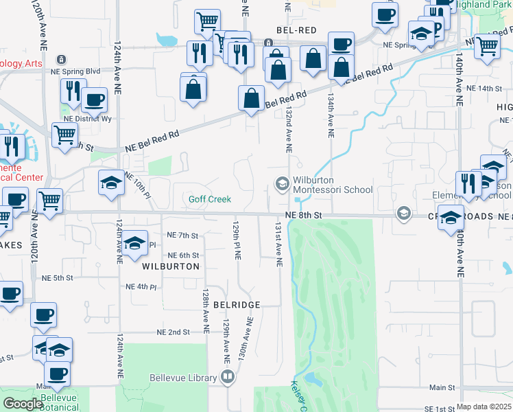 map of restaurants, bars, coffee shops, grocery stores, and more near 824 130th Avenue Northeast in Bellevue