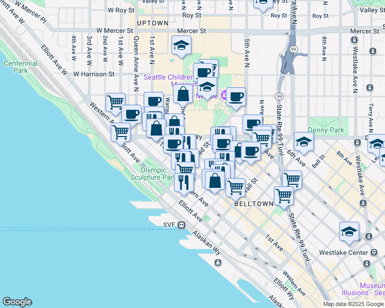 map of restaurants, bars, coffee shops, grocery stores, and more near 2901 2nd Avenue in Seattle