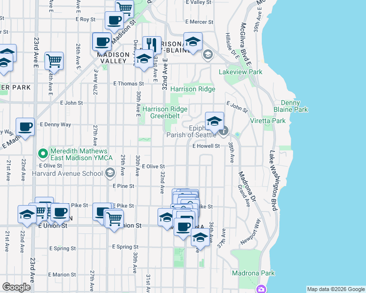 map of restaurants, bars, coffee shops, grocery stores, and more near in Seattle