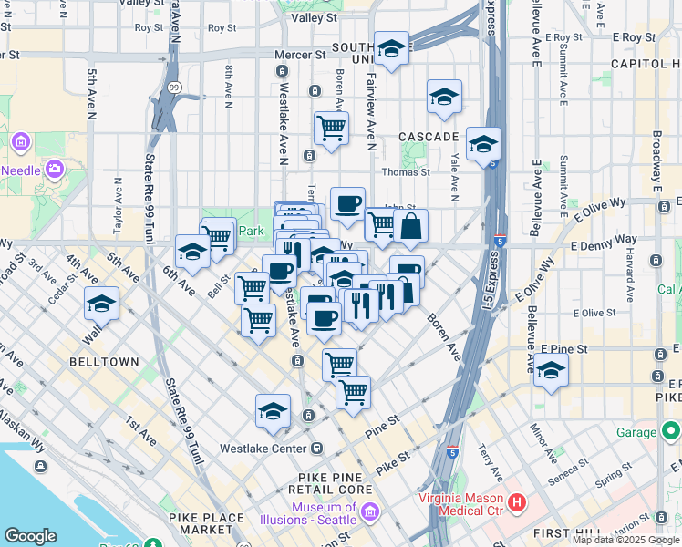 map of restaurants, bars, coffee shops, grocery stores, and more near 2025 Terry Avenue in Seattle