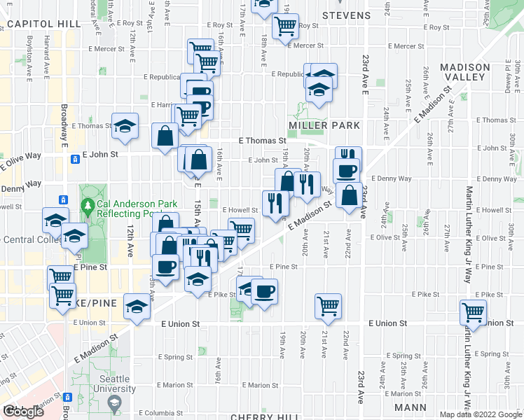 map of restaurants, bars, coffee shops, grocery stores, and more near E Howell St & 18th Ave in Seattle