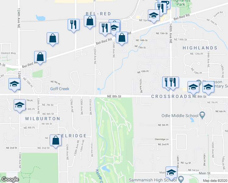 map of restaurants, bars, coffee shops, grocery stores, and more near 840 134th Avenue Northeast in Bellevue