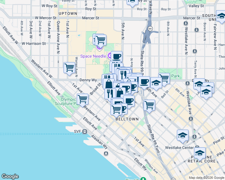 map of restaurants, bars, coffee shops, grocery stores, and more near in Seattle
