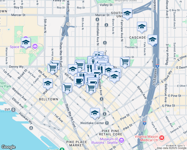 map of restaurants, bars, coffee shops, grocery stores, and more near 2202 8th Avenue in Seattle