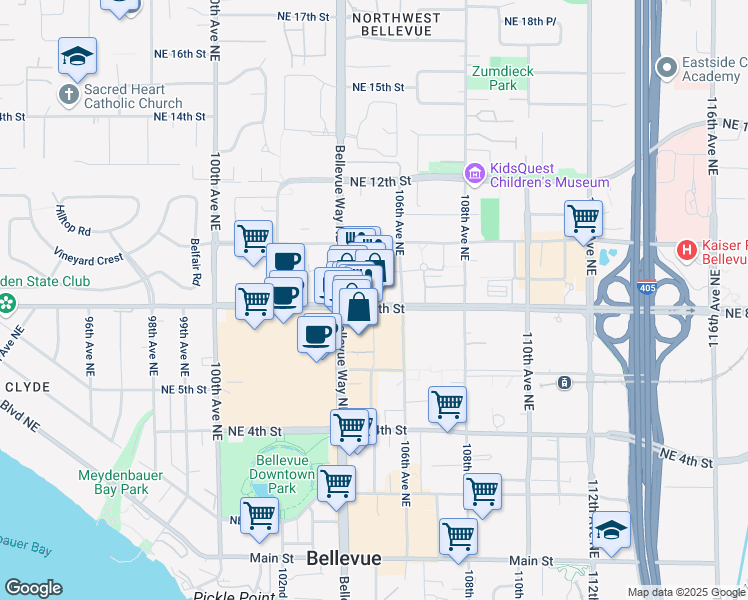 map of restaurants, bars, coffee shops, grocery stores, and more near 10500 Northeast 8th Street in Bellevue