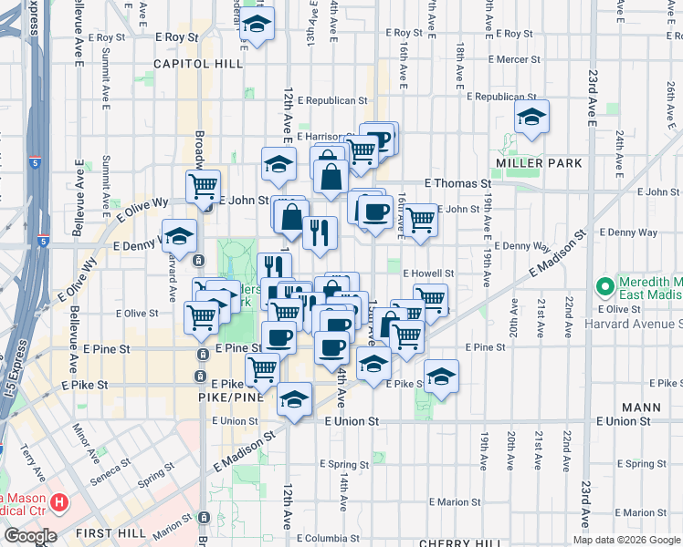 map of restaurants, bars, coffee shops, grocery stores, and more near E Howell St & 14th Ave in Seattle