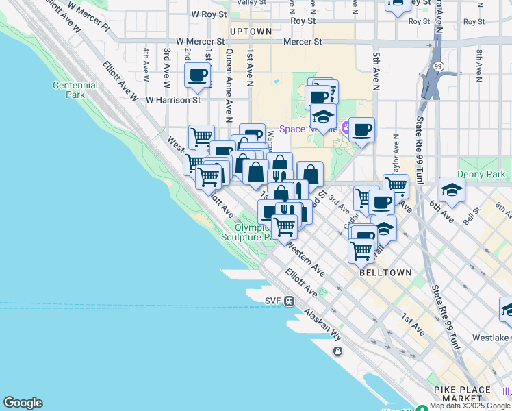 map of restaurants, bars, coffee shops, grocery stores, and more near 3018 Western Avenue in Seattle