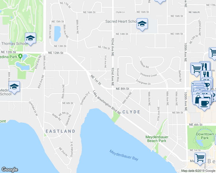 map of restaurants, bars, coffee shops, grocery stores, and more near 805 92nd Avenue Northeast in Bellevue