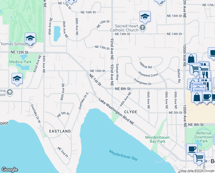 map of restaurants, bars, coffee shops, grocery stores, and more near 805 92nd Avenue Northeast in Bellevue