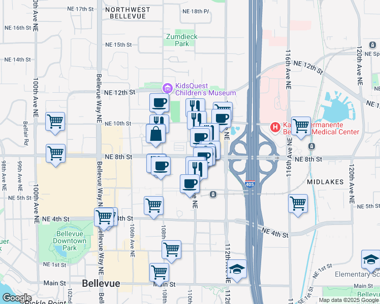 map of restaurants, bars, coffee shops, grocery stores, and more near 10900 Northeast 8th Street in Bellevue