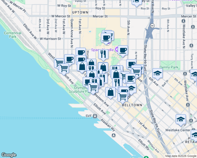 map of restaurants, bars, coffee shops, grocery stores, and more near 2911 2nd Avenue in Seattle