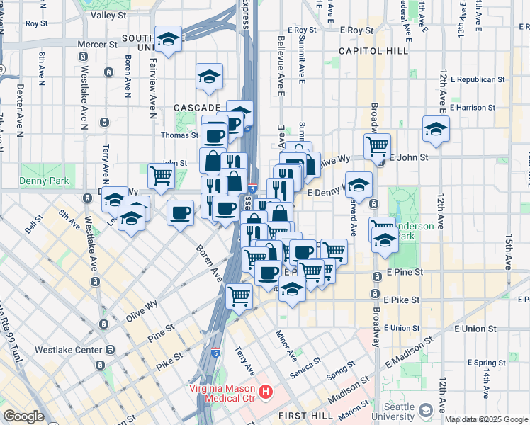 map of restaurants, bars, coffee shops, grocery stores, and more near 1718 Summit Avenue in Seattle
