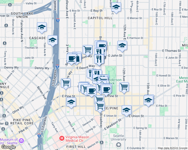 map of restaurants, bars, coffee shops, grocery stores, and more near 1814 Harvard Avenue in Seattle