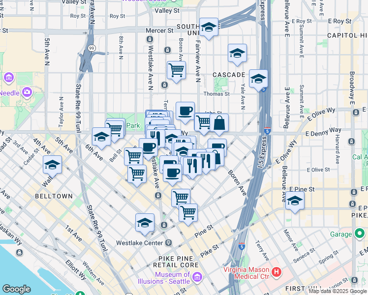 map of restaurants, bars, coffee shops, grocery stores, and more near 2020 Terry Avenue in Seattle