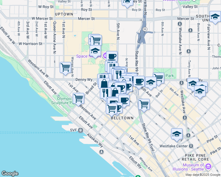 map of restaurants, bars, coffee shops, grocery stores, and more near 320 Cedar Street in Seattle