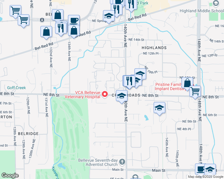 map of restaurants, bars, coffee shops, grocery stores, and more near 13863 Northeast 8th Street in Bellevue