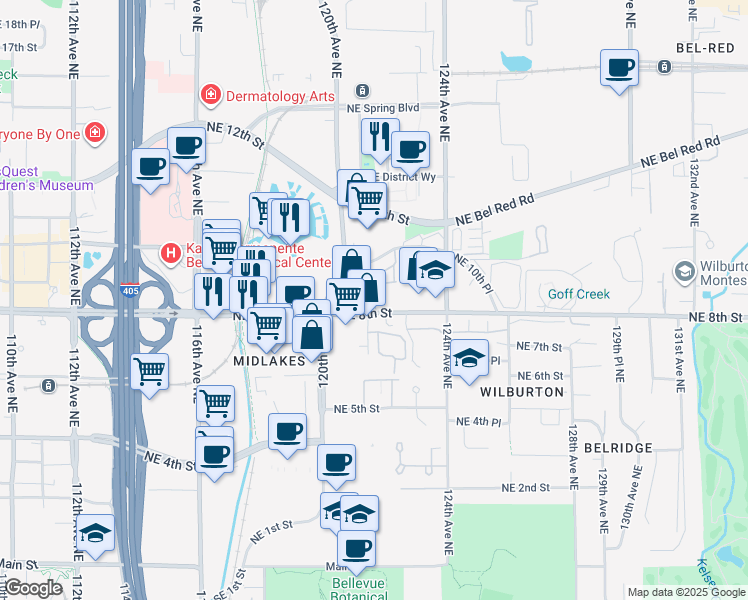 map of restaurants, bars, coffee shops, grocery stores, and more near 12028 Northeast 8th Street in Bellevue