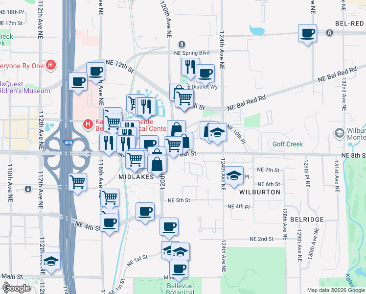map of restaurants, bars, coffee shops, grocery stores, and more near 12028 Northeast 8th Street in Bellevue