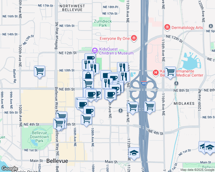 map of restaurants, bars, coffee shops, grocery stores, and more near 10900 Northeast 9th Street in Bellevue