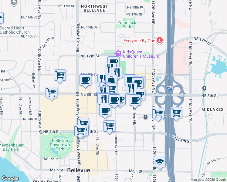 map of restaurants, bars, coffee shops, grocery stores, and more near in Bellevue