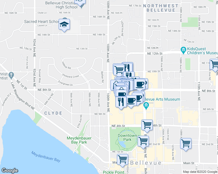 map of restaurants, bars, coffee shops, grocery stores, and more near 10058 Northeast 8th Street in Bellevue