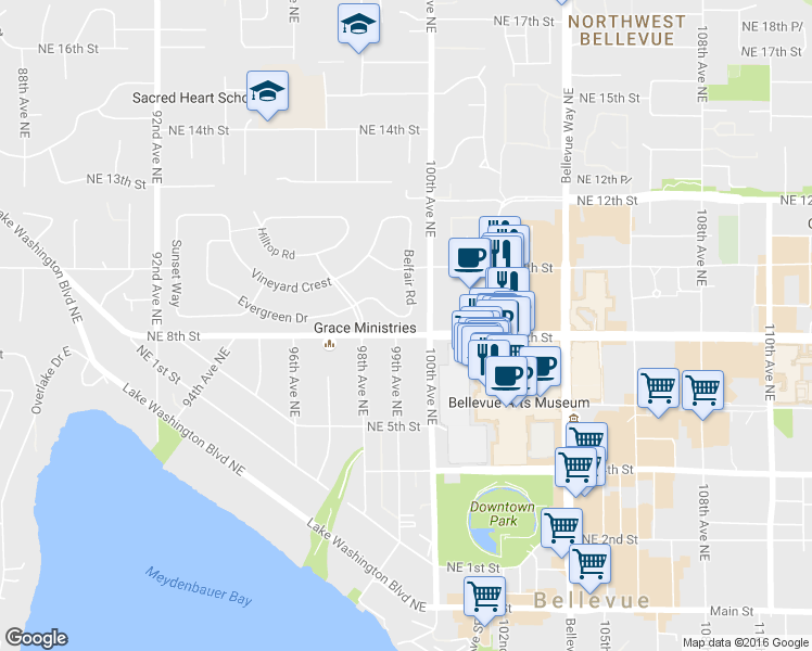 map of restaurants, bars, coffee shops, grocery stores, and more near 9837 Belfair Road in Bellevue