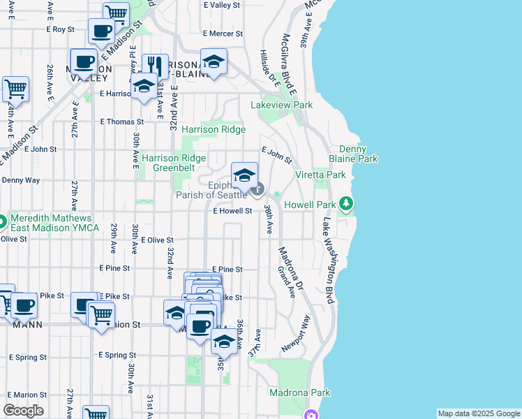 map of restaurants, bars, coffee shops, grocery stores, and more near 3635 East Howell Street in Seattle