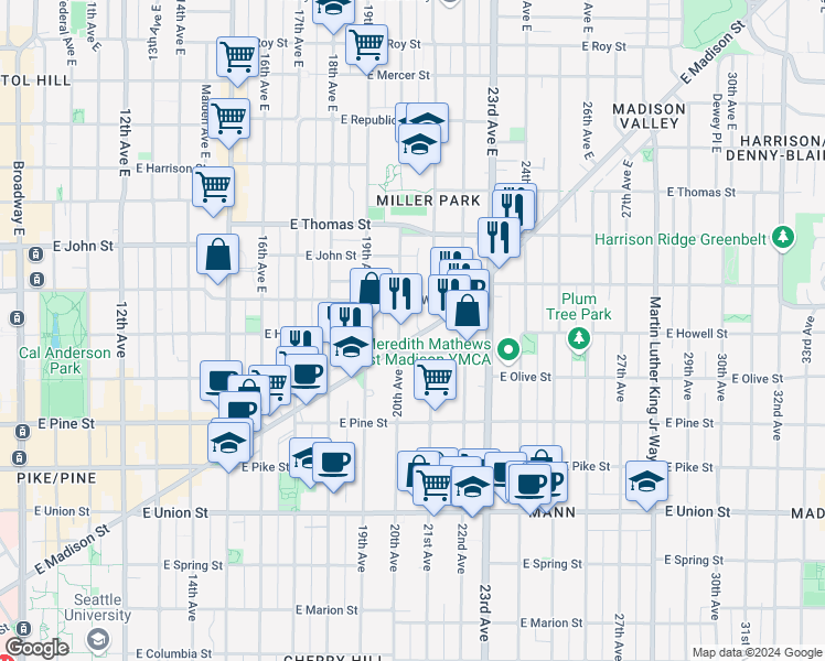 map of restaurants, bars, coffee shops, grocery stores, and more near 2014 East Madison Street in Seattle