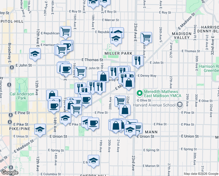 map of restaurants, bars, coffee shops, grocery stores, and more near 1724 19th Avenue in Seattle