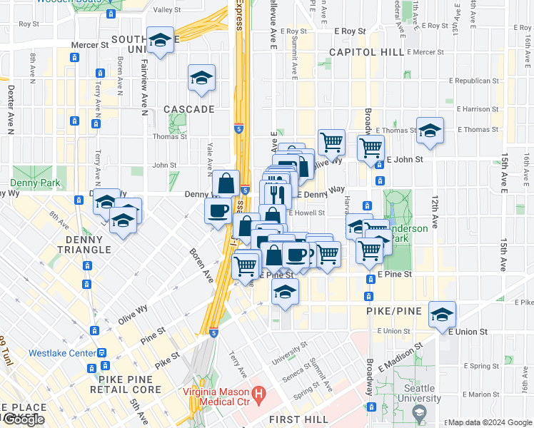 map of restaurants, bars, coffee shops, grocery stores, and more near in Seattle
