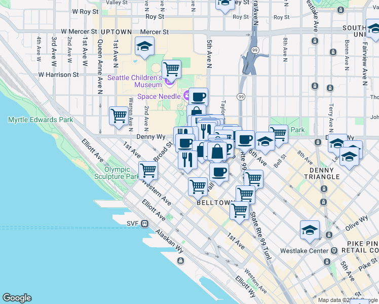 map of restaurants, bars, coffee shops, grocery stores, and more near in Seattle