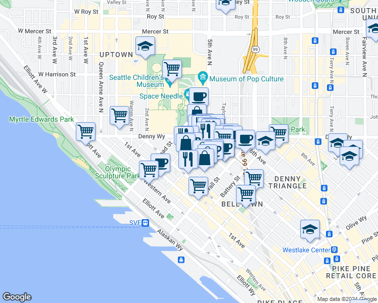 map of restaurants, bars, coffee shops, grocery stores, and more near 2720 3rd Avenue in Seattle