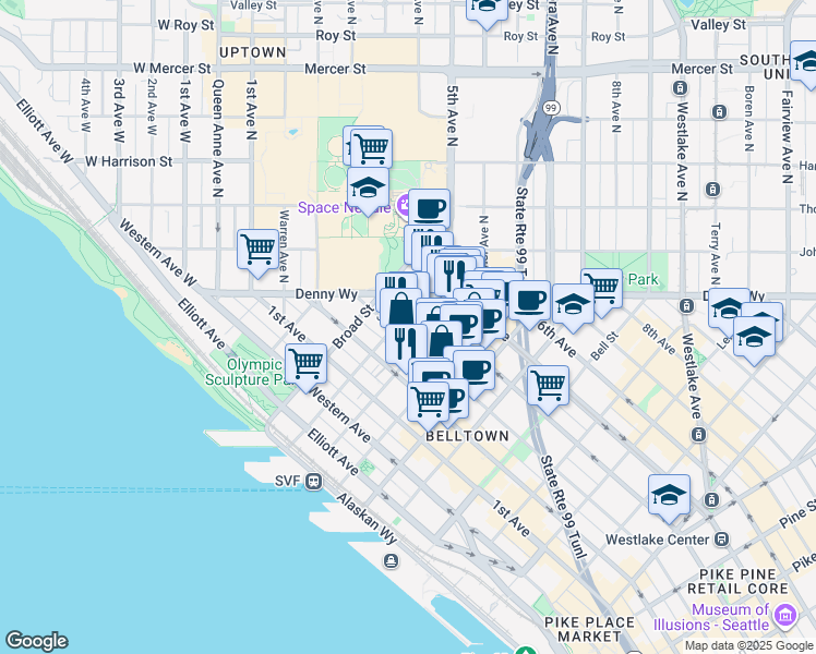 map of restaurants, bars, coffee shops, grocery stores, and more near in Seattle