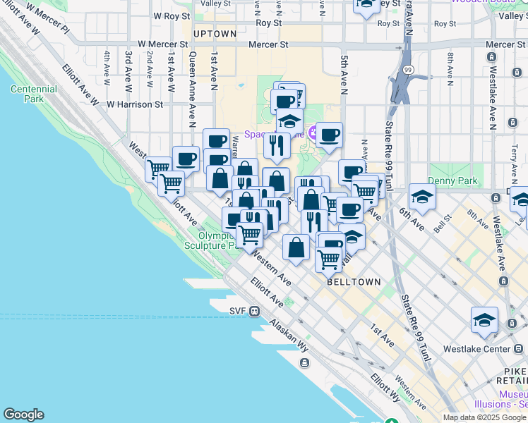 map of restaurants, bars, coffee shops, grocery stores, and more near 2901 2nd Avenue in Seattle