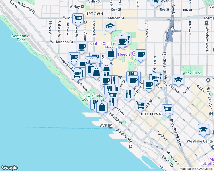 map of restaurants, bars, coffee shops, grocery stores, and more near 2928 1st Avenue in Seattle