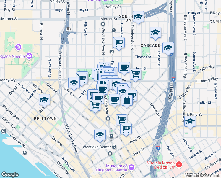 map of restaurants, bars, coffee shops, grocery stores, and more near 900 Lenora Street in Seattle
