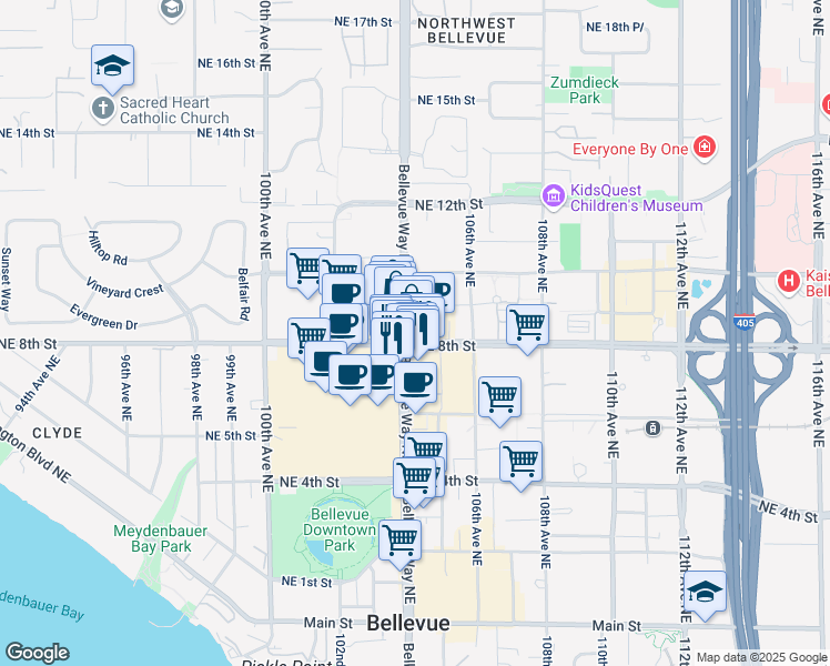 map of restaurants, bars, coffee shops, grocery stores, and more near 800 Bellevue Way Northeast in Bellevue