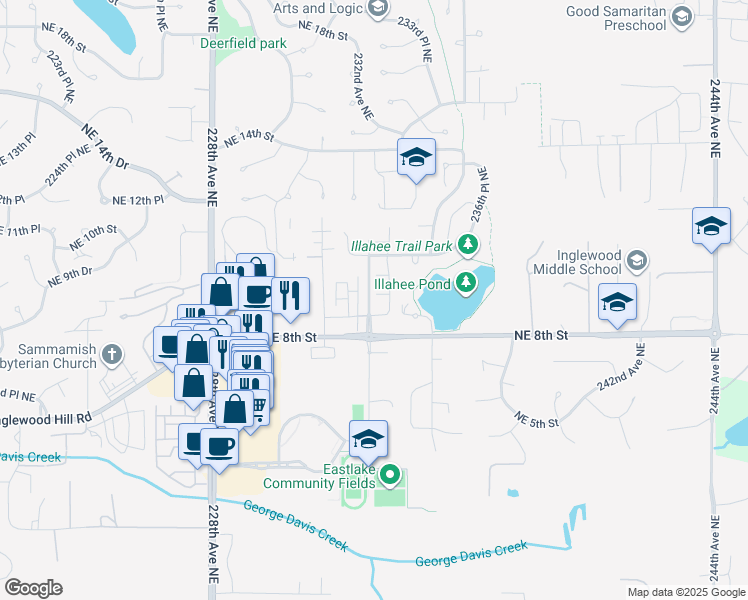 map of restaurants, bars, coffee shops, grocery stores, and more near 821 233rd Place Northeast in Sammamish